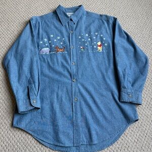 Vintage Disney Classic Pooh Women's Denim Long Sleeved Embroidered Shirt S/M